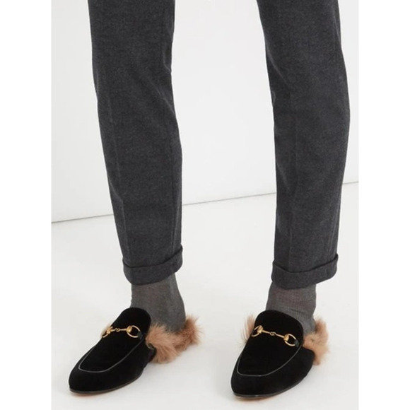 Gucci Princetown Velvet Fur-Lined Mule Black Size 6 - Picture 3 of 14